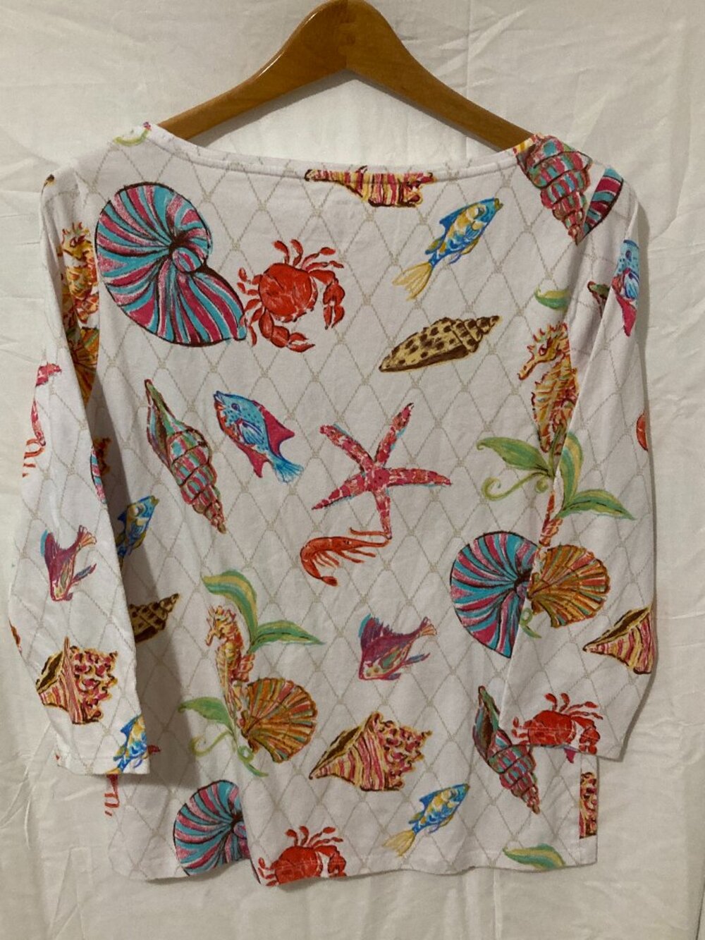 Talbots Women M Tee Shirt Sealife Print Summer Beach Cotton White Colorful - Picture 2 of 7